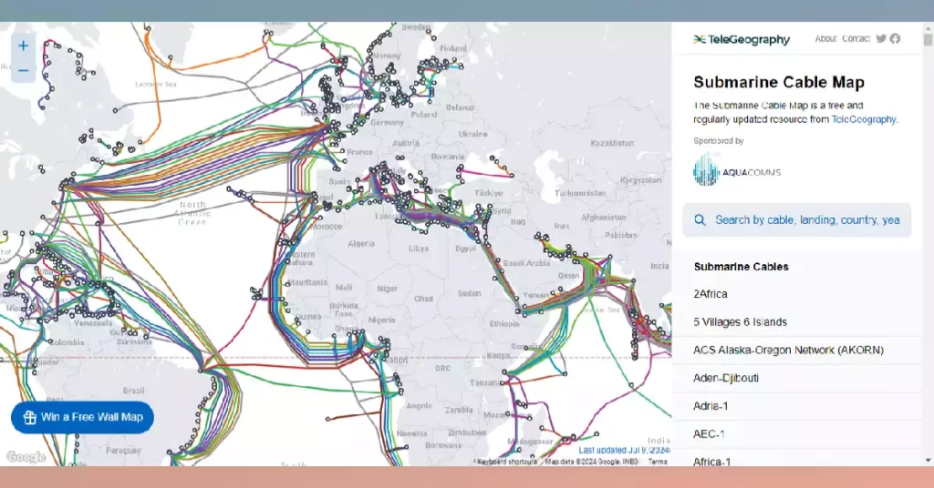 خريطة كابلات الانترنت تحت البحار عبر العالم