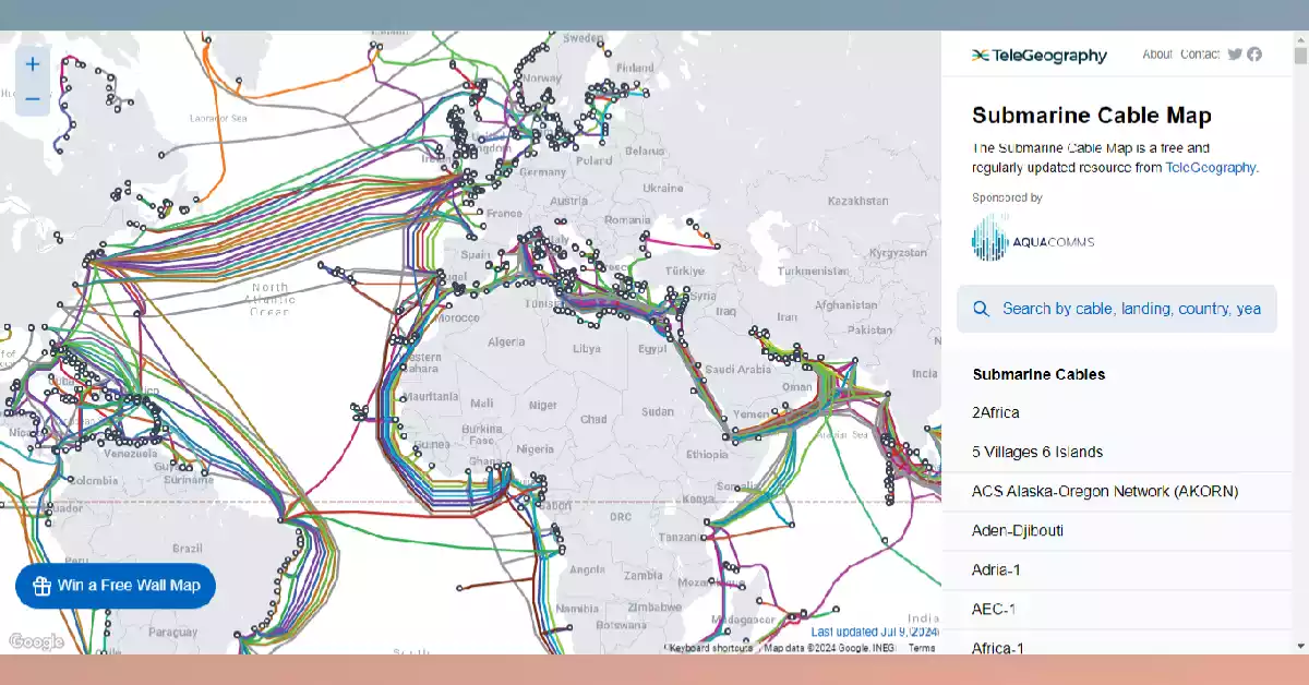 خريطة كابلات الانترنت تحت البحار عبر العالم